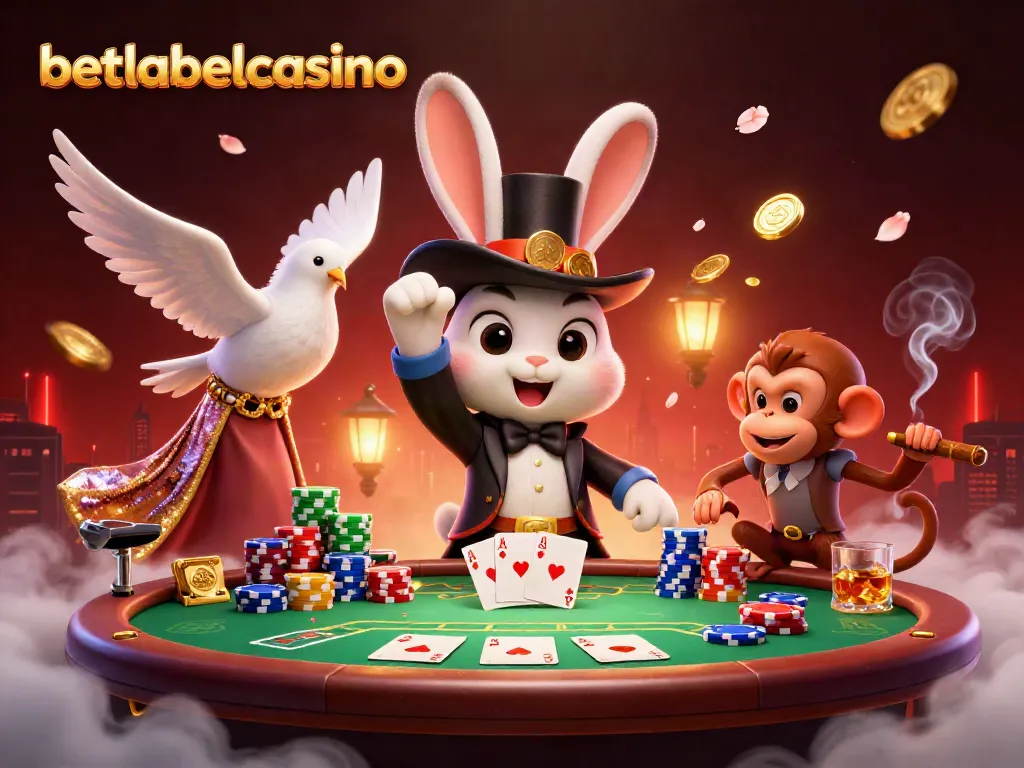 Experience thrilling wins at betlabelcasino with a vibrant scene showcasing a magician rabbit, dazzling assistant, and playful monkey at a poker table.