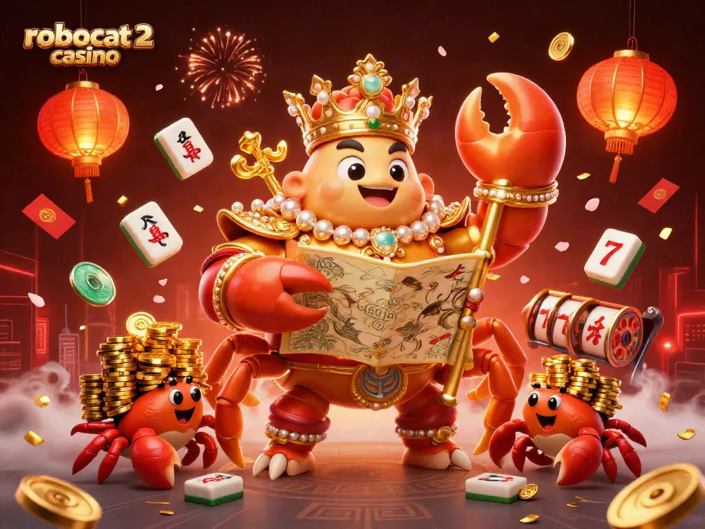 Experience excitement at robocat 2 casino with a dynamic scene featuring a golden crab emperor and casino elements.
