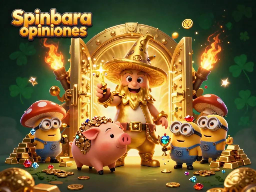Spinbara opiniones showcase with a golden wizard, treasure, and vibrant magical elements in a casino-themed setting.