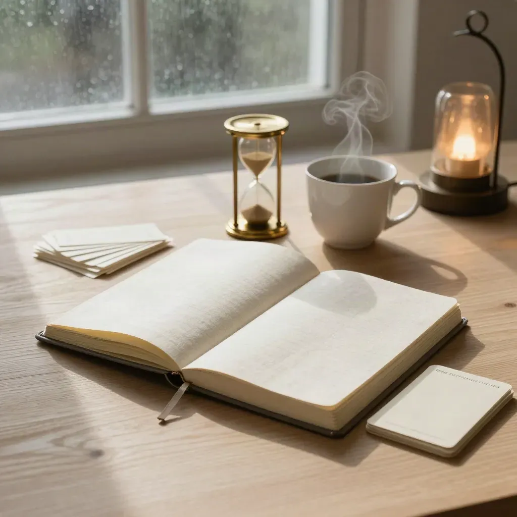 Cuaderno de estrategia, reloj de arena y taza en una mesa de roble con luz de mañana.