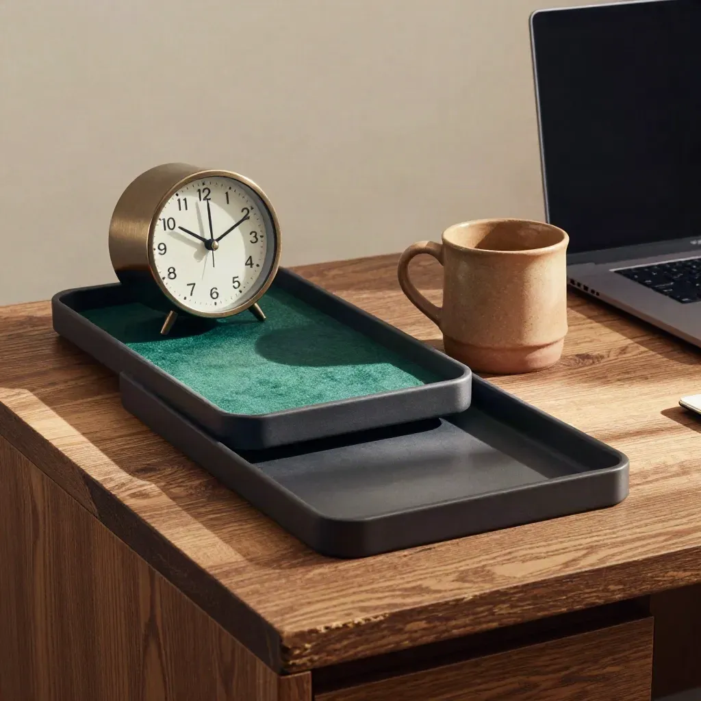 Escritorio de roble con bandejas, reloj, taza y portátil cerrado, con luz solar en franjas.