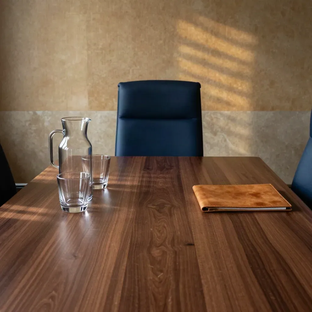 Mesa de juntas cálida con jarra de cristal, dos vasos y carpeta de piel bajo sombras de persiana.