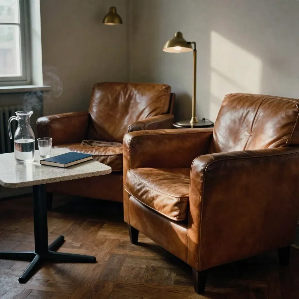 Sillóns de cuero y mesa baja en una sala tranquila de coaching, luz cálida de tarde.