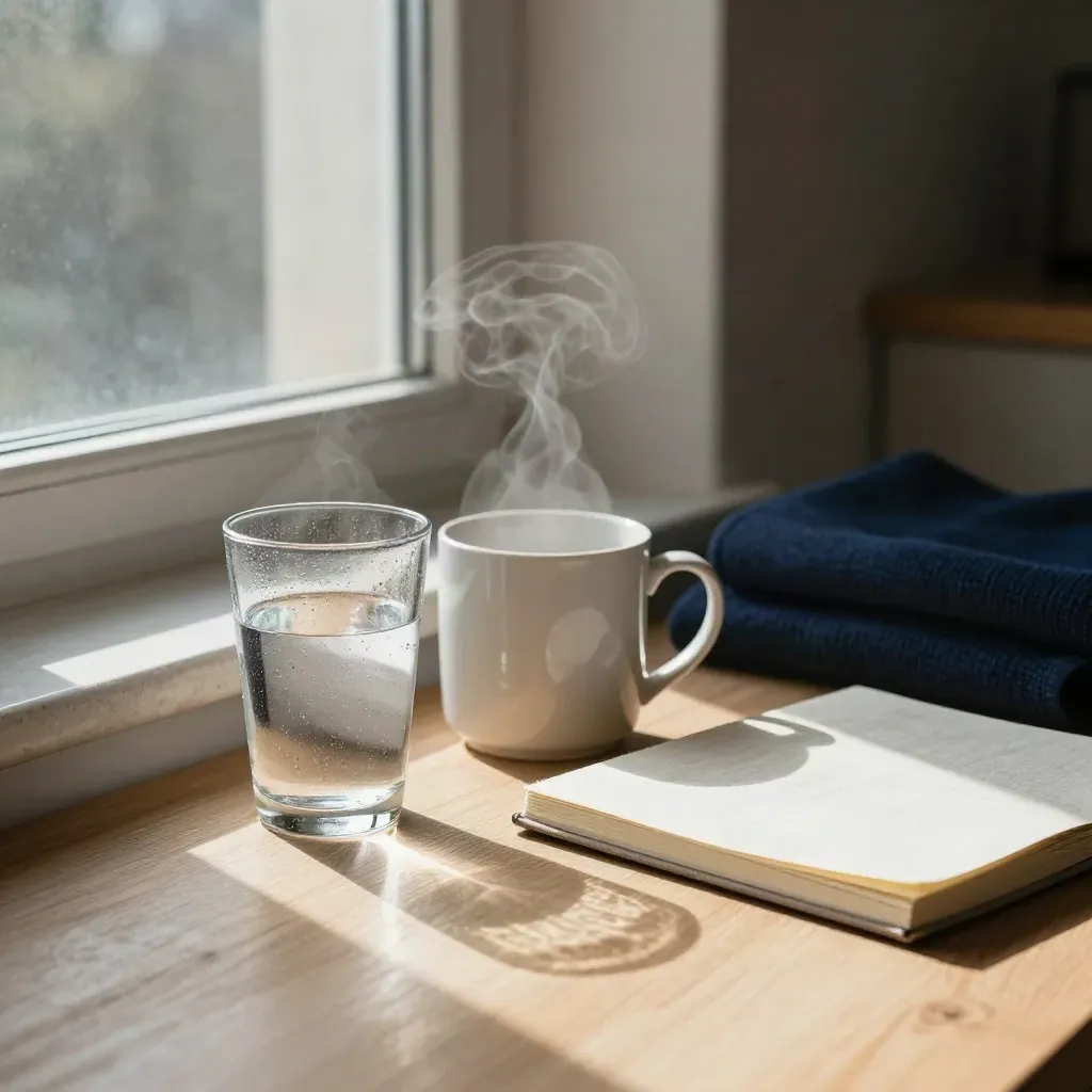 Rincón de desayuno con vaso de agua, taza humeante, libreta cerrada y jersey azul marino junto a la ventana.