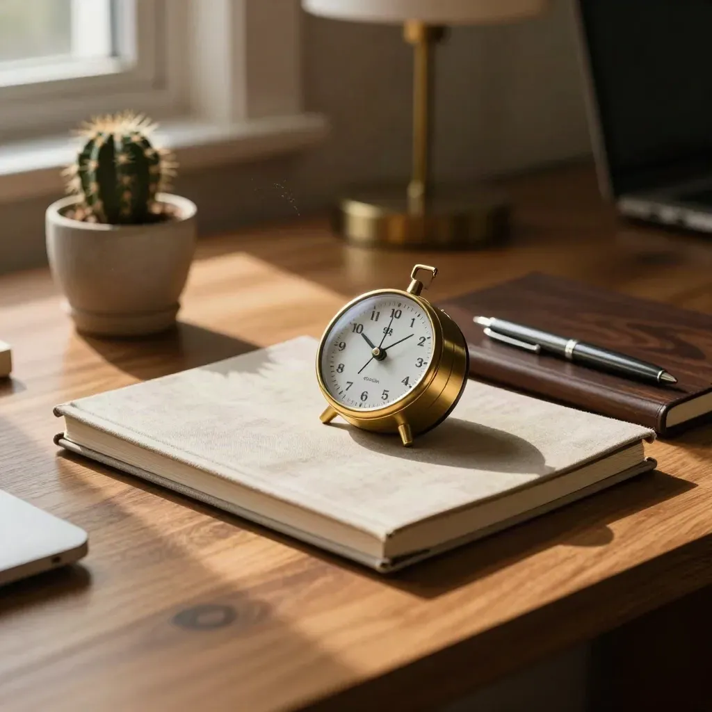 Temporizador, dos cuadernos cerrados, un cactus pequeño y un bolígrafo sobre un escritorio cálido.