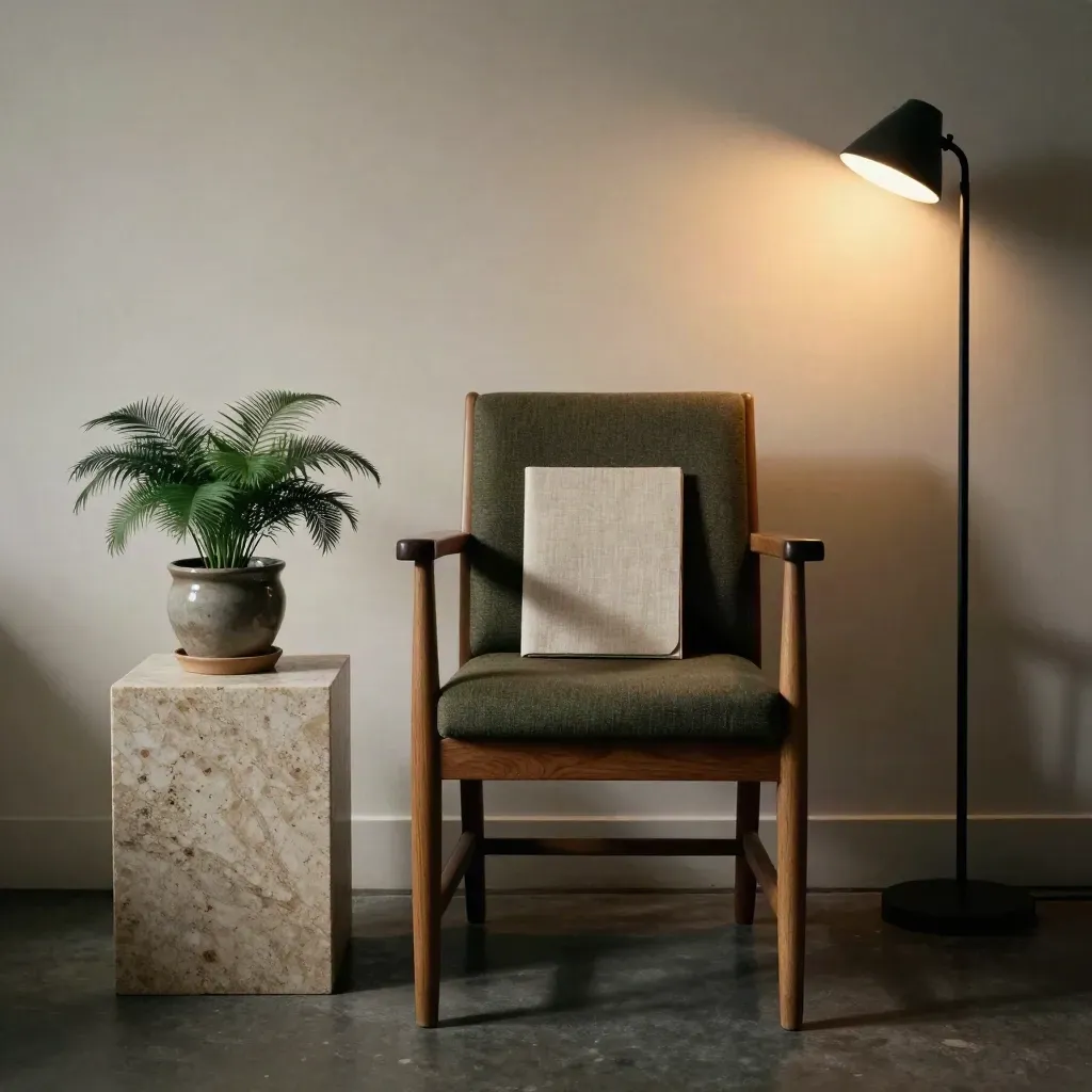 Silla girada, carpeta cerrada, planta y lámpara cálida en una sala de coaching serena.