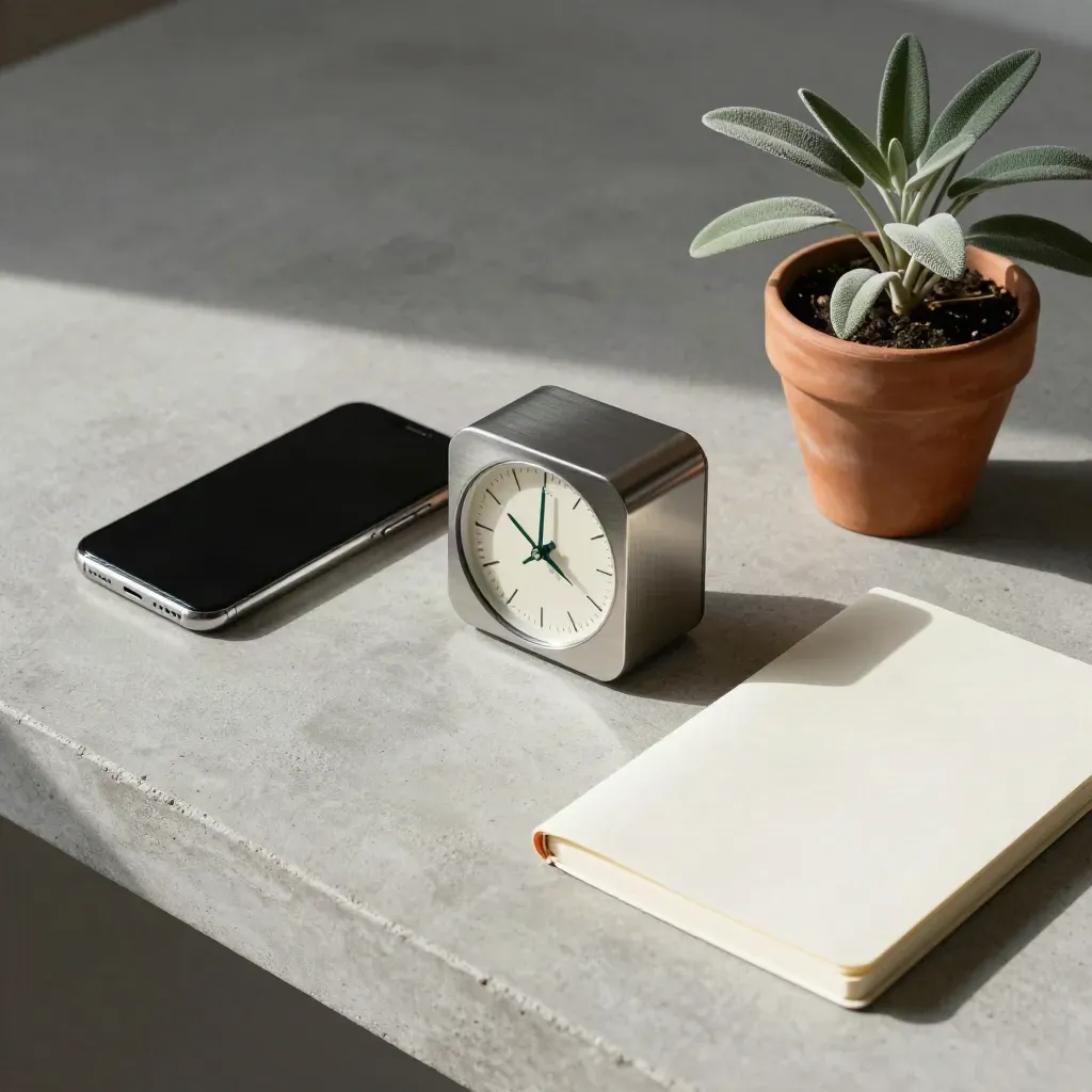 Temporizador, móvil apagado, libreta cerrada y planta sobre concreto claro, luz suave cenital.