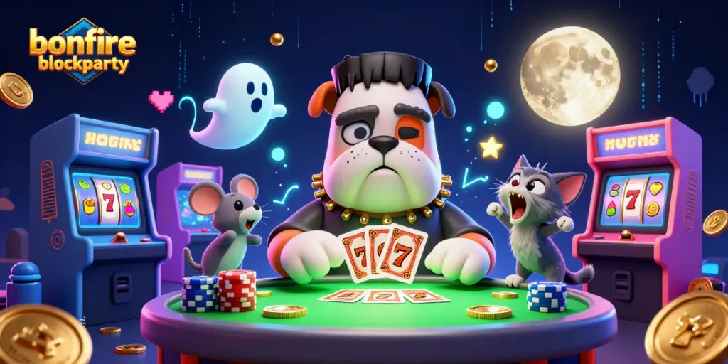 Experience the thrill of bonfireblockparty with Frankenstein bulldog dealing cards at a lively casino!